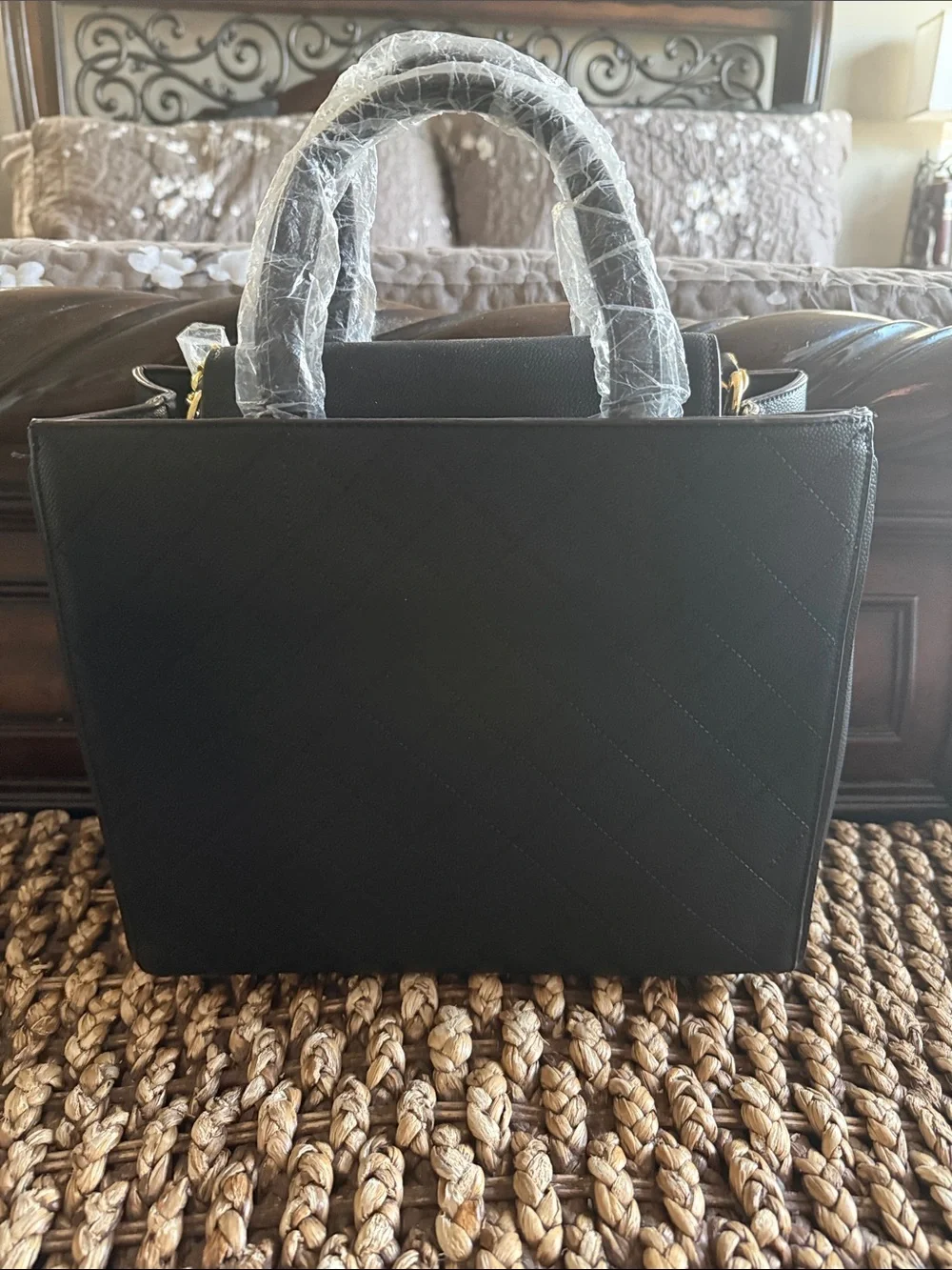 Black Quilted Top-Handle Satchel with Gold Hardware